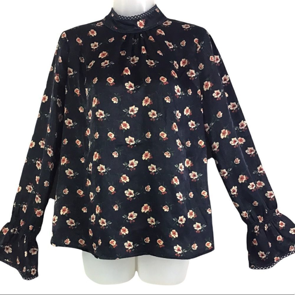 J.O.A. black Floral High Neck Long Bell Sleeve Blouse
